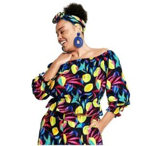 Tabitha Brown x Target Lemon Print Linen Blend Bardot Top Small